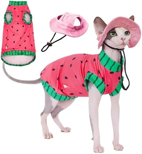 Sphynx Cat & Small Dogs Apparel, Breathable UPF 50+ Shirt & Sun Hat Set for Cats (XXL, 11-14lbs), Summer, All Seasons, Adult, Medium Breeds, Polyester, Casual, Hand Wash, Zipper