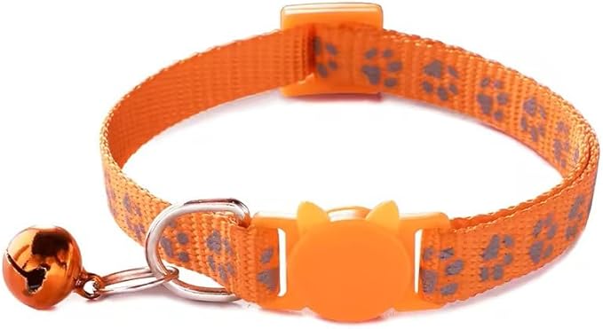 Cat Collar Breakaway Safety with Bell, Cute Reflective Paw Print Pattern (Orange)
