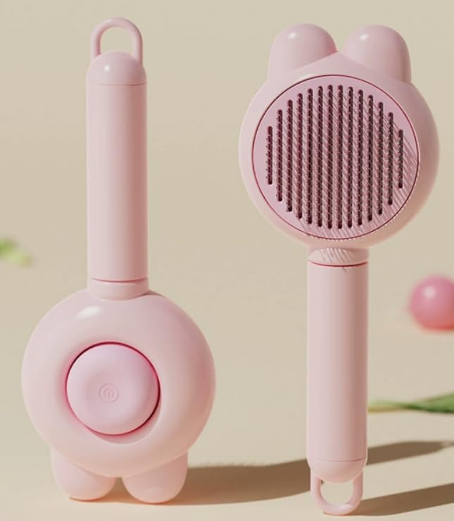 Self Cleaning Slicker Brush with Cats & Dogs for Shedding, Pet Grooming Tool with Massage Bristles, Removes Loose Fur & Tangles, Cute Bunny Ear Design, Fits Long/Short Hair Cats, Dogs, Kittens pink