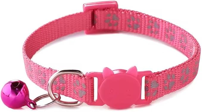 Cat Collar Breakaway Safety with Bell, Cute Reflective Paw Print Pattern (Rose Red)