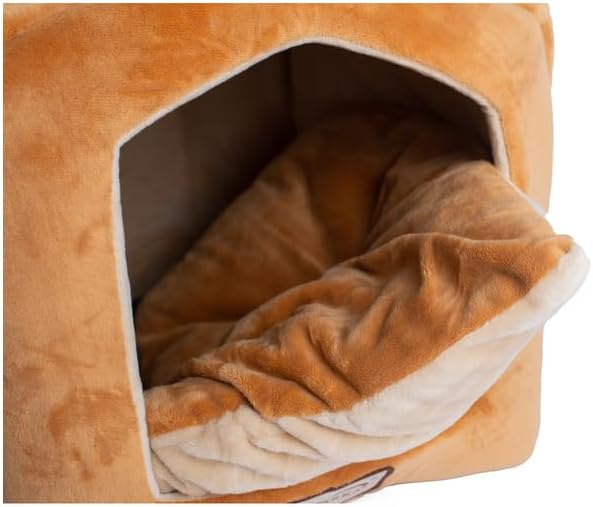 Maykoosh Cat Bed House Shape Velvet Soft Plush Cozy Pet Bed Beige & Brown