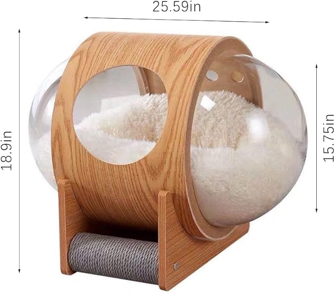 Space Capsule Cat House: Bed with Scratching Post & Removable Cushion - Cats Nest & Kennel Wooden Furniture - Large & Small Cats Indoor