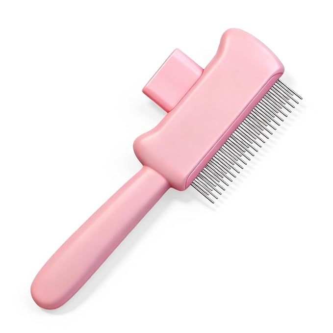 Cat Self Cleaning Pet Hair Removal Comb, Cat Grooming Brush With Long Short Stainless Steel Metal Teeth, Pet Grooming Brush For Home, Portable Cat And Dog Grooming Comb For Travel (Pink)