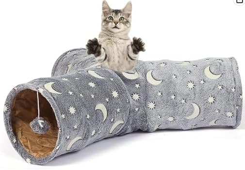 Cat Tube Tunnel with Plush Ball Toys Collapsible Self-Luminous, for Cat Small Pets Bunny Rabbits, Kittens, Ferrets,Puppy and Dogs Grey Moon Star 3 Way
