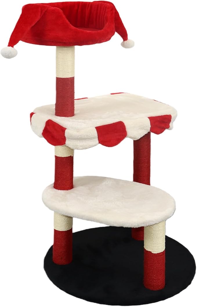 Circus Clown Cat Tree Tower, Multi-Level Cat Condo with Plush Platforms & Scratching Posts, Cute Circus Theme Cat Furniture for Indoor Cats (red)
