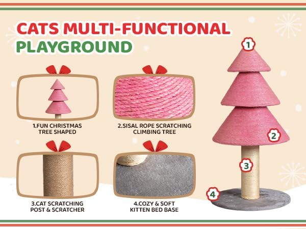 VINGLI 31.5in Christmas Tree Cat Scratcher Tower, Pink Cat Tree with Sisal Scratching Post & Soft Fleece Base, Stable Cat Scratcher for Kittens & Adult Indoor Cats