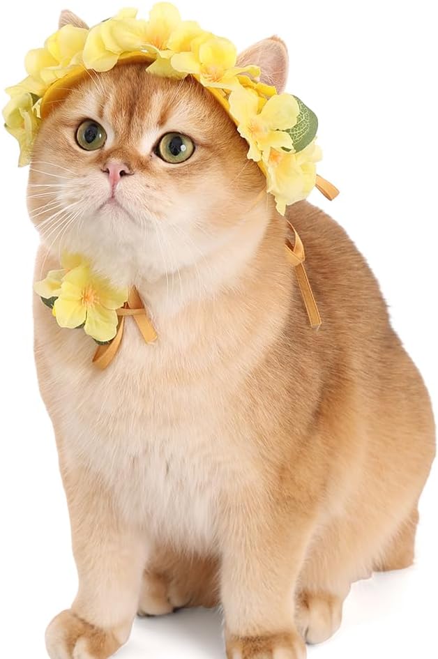 Yellow Floral Pet Crown for Cats and Rabbit, Adjustable Flower Headpiece with Ribbon Tie, Silk Flowers, 3D Surround Design