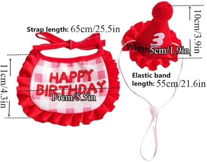 Pet Party Outfit โ Cute Hat and Ruffled Bandana Set with Number Patches โ 3-Piece Birthday Costume for Kitten, Puppy, Cat or Small Dog โ Gift and Celebration Accessory (Red)