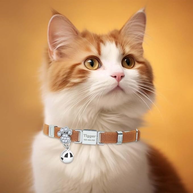 Personalized Safety Elastic Cat Collars with Bell,Laser Customized Stretch Kitten Collars for Girls Boys Cats-Light Brown