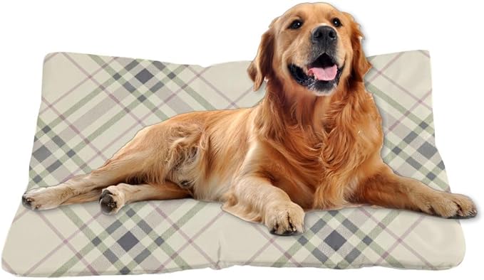 Cream Green Pink Plaid Pet Bed Non Slip Bottom Cat Cushion Pad Cozy Soft Dog Sleep Mat Furniture for Pet Printed Dog Crate Pad Gift Warm Mat 24× 18 Inch Indoor Outdoor