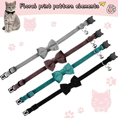 4 Pieces Cat Bow Tie Collar with Bell Breakaway Cat Comfortable Velvet with Cute Safety Pet Collar for Pet Kitten Puppy(Small,Black, Gray, Coffee, Blue)
