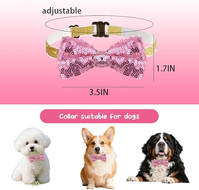 Pink Sequin Bow Tie for Pet Cat Dog Bow Ties for Dogs Cats Pets Pink Accessories for Pet Cat Dog Sequin Bowtie for Dogs Cats Adjustable Bow Tie for Dog Cat Sparkly Bowtie for Puppy Kitten