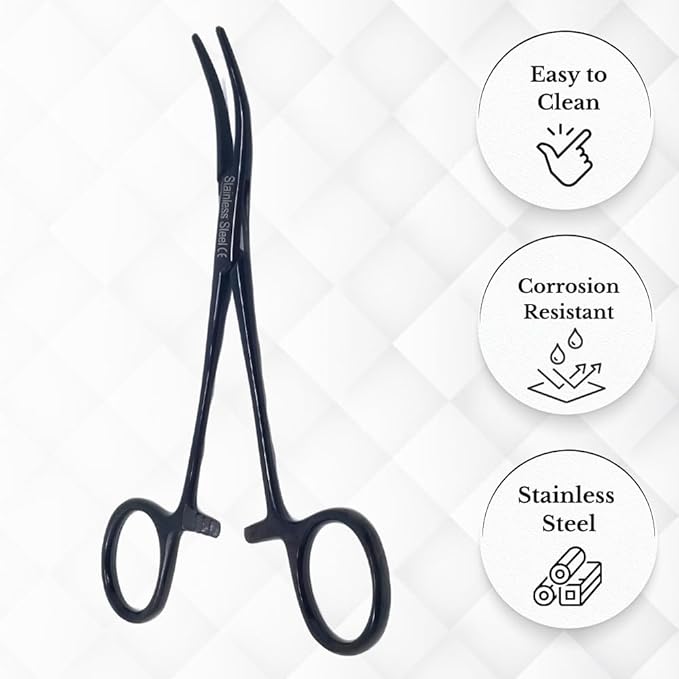 HTI DOG CAT PET HAIR PULLER REMOVER STAINLESS STEEL HEMOSTAT LOCKING FORCEPS 5" CURVED FULL SERRATED (Black)