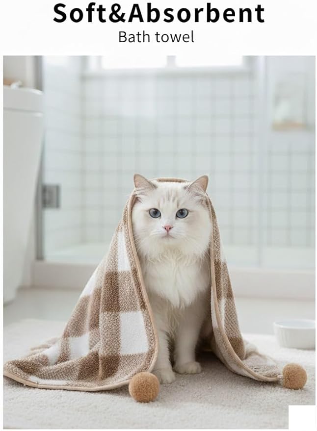 Fleece Pet Blanket for Cats and Small Dogs, Brown and White Plaid with Pom Pom Trim, Soft Plush Throw, 30.7x39.4 Inches, Machine Washable