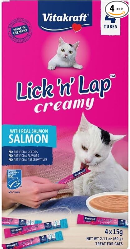 Vitakraft 58160 Lick N Lap Creamy Cat Treat - Salmon - 15 g - Pack of 4