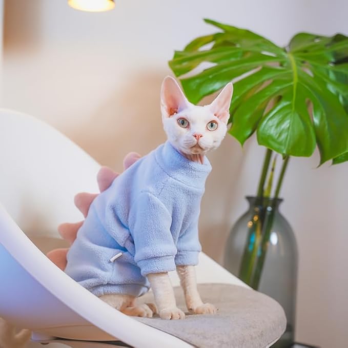 Dinosaur Sphynx Cat Clothes, Soft Polar Fleece Sweater for Cat, Elastic Pet Clothes Thick Winter Warm Outfit for Hairless Cat, Devon, Cornish, Small Dogs Apparel with Sleeves (Sky Blue, Medium)