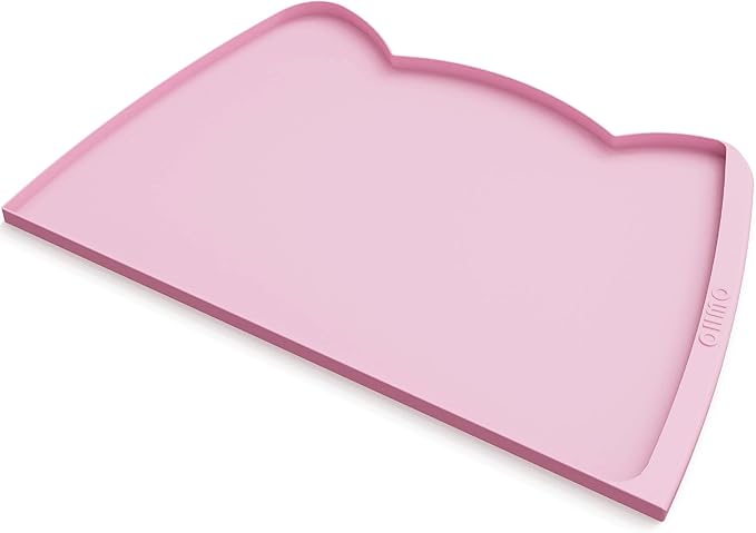 OHMO Dog Food Mat(Pink, 24 * 15'') w/Residue Collection Pocket Silicone Pet Feeding Mat for Floor High Edges Anti Spills Waterproof Cat Water Bowl Tray, Easy Clean Placemat