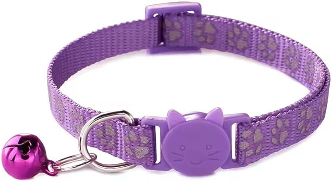 Cat Collar Breakaway Safety with Bell, Cute Reflective Paw Print Pattern (Purple)