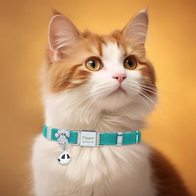 Personalized Safety Elastic Cat Collars with Bell,Laser Customized Stretch Kitten Collars for Girls Boys Cats-Cyan