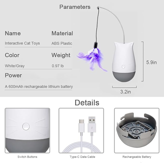 DOEL Cat Toys Interactive for Indoor, Rechargeable Automatic Rotating Feather Wand Toy, Tumbler Design, Electric Fun Tracker Exercise Gift, Stimulate to Chase and Hunting, for Bored Cats Kitten