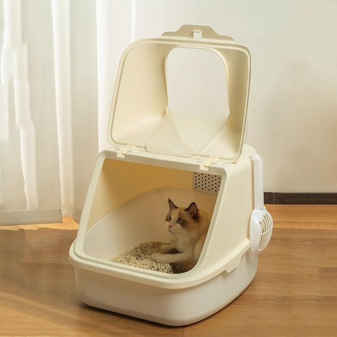 Pet Supplies, Enclosed Hooded Cat Litter Box with Door Flap, Easy Clean Plastic Tray(Gray)