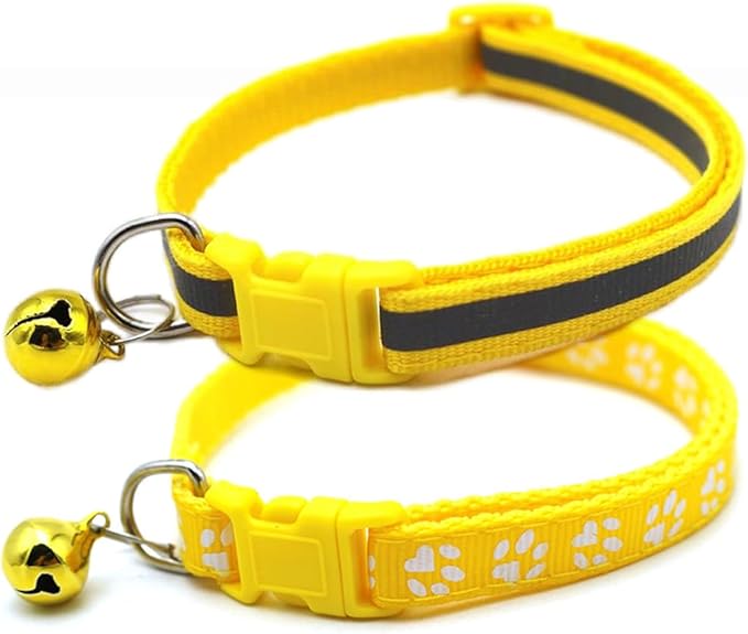 Yellow Dog Collar with Bell, 2-Pack Basic & Reflective Boy Puppy Collar with Bells for XXS Xs Small Pet Male Dogs Tiny Cats, S
