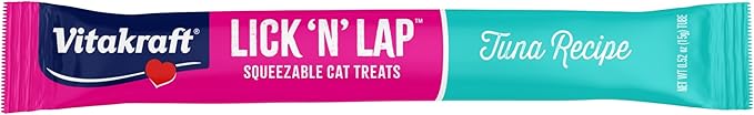 Vitakraft Lick ‘N’ Lap Real Tuna Squeezeable Liquid Cat Treats, Lickable, Broth #1 Ingredient, No Artificial Colors, Preservatives or Added Sugar, for Hydration, 0.52 oz. Tubes, 44 Count