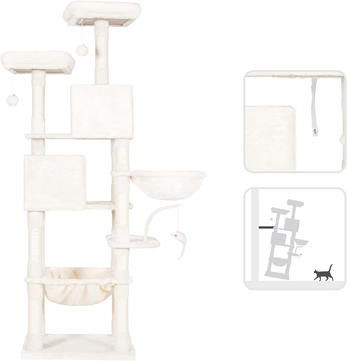 Heybly Cat Tree, 70 inches Tall Cat Tower Condo with Toy for Indoor Large Cats, Cat House Furniture with Padded Plush Perch, Cozy Hammock and Sisal Scratching Posts, Beige HCT032M