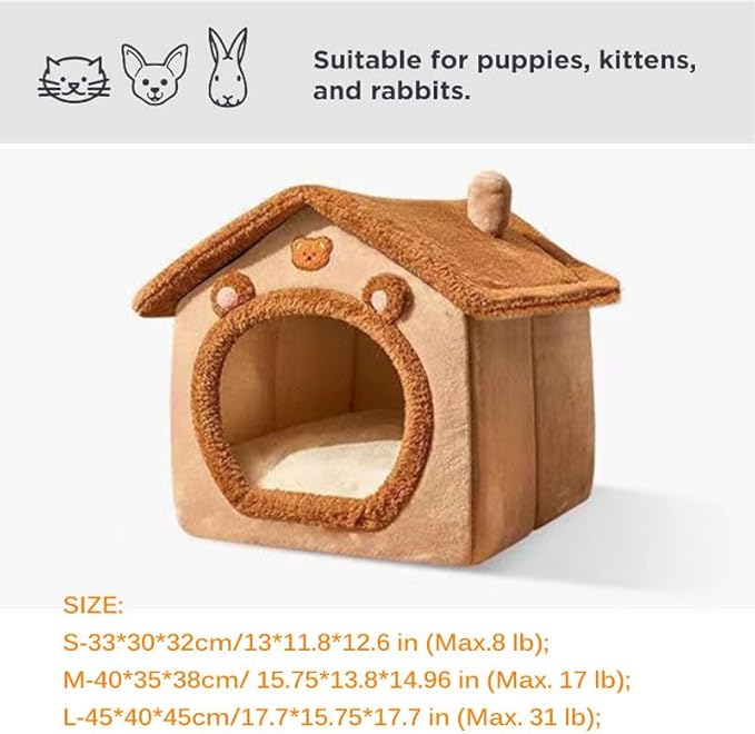 Cat Beds for Indoor Cats, Cute Bear Shape Cat Bed Cave, Pet House Cats Tent with Removable Cushion Pillow for Kittens Puppy Small Dogs (Brown, M-18 * 14.6 * 15.7in)