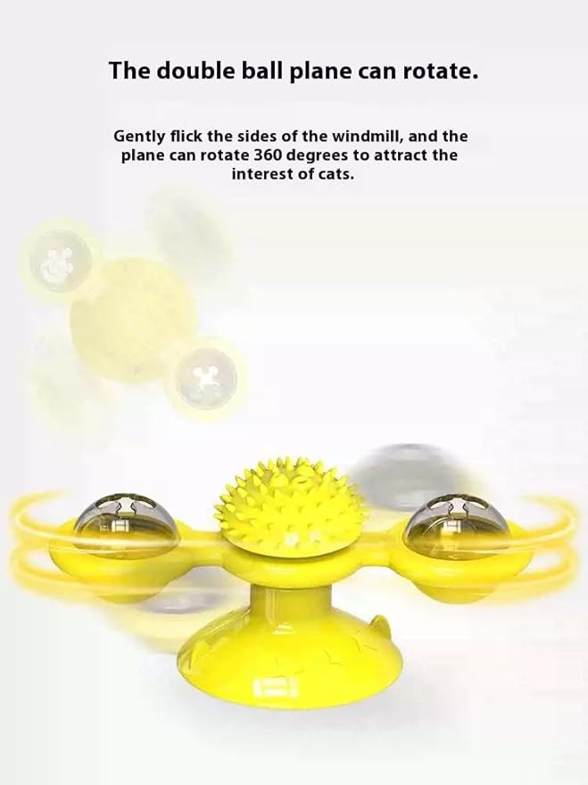 Interactive Windmill Cat Toy with LED Light Ball & Suction Cup – Rotating Catnip Toy for Indoor Cats, Mental Stimulation & Exercise-Yellow