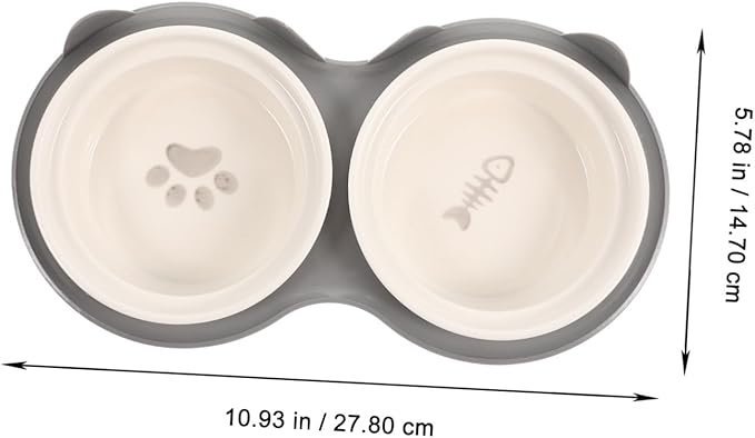Ceramic Elevated Cat Bowl with Thick Gray Non-Slip Stand Angled Dual Feeding and Watering Bowls for Indoor Pets Smooth Surface Pet Feeding Accessory