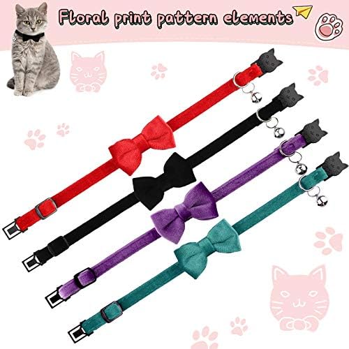 4 Pieces Cat Bow Tie Collar with Bell Breakaway Cat Comfortable Velvet with Cute Safety Pet Collar for Pet Kitten Puppy(Small,Black, Red, Purple, Blue)