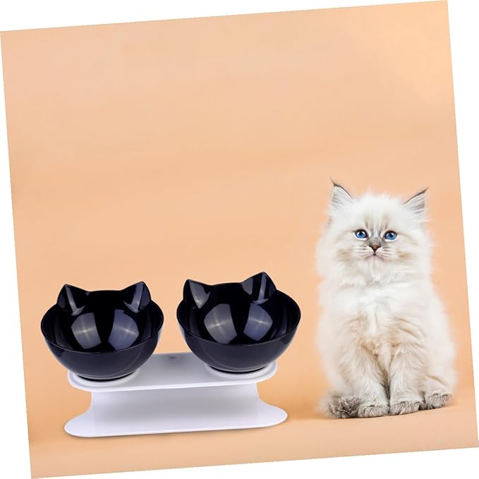Double Plastic Cat Bowl with Raised Slanted Design, Black Dual Pet Feeding and Watering Bowl, Anti-Spill Tilted Food and Water Dish for Cats and Dogs
