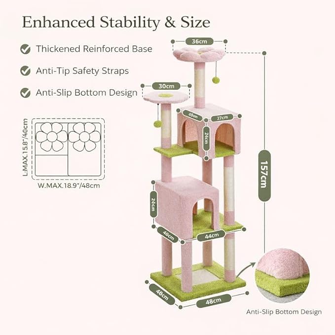 62" Flower Cat Tree for Large Cats, Multi-Level Cat Tower with 2 Plush Condos, Soft Bed, Scratching Posts & Pad, Padded Perch & 2 Hanging Pompoms for Indoor Cats,Pink