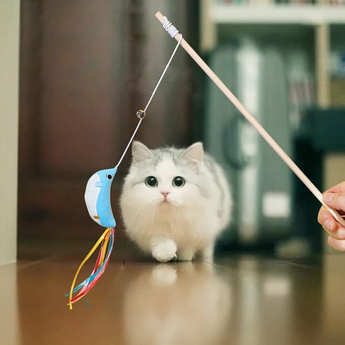 Cat Wand, 3 PCS Interactive Kitten Toys Wooden Handle Kitten Teaser Toys with Cute Fish Tail Sturdy Cat Sticks
