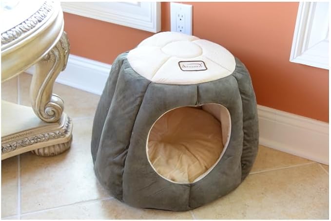 HomeStock Cat Bed Velvet & Faux Suede -Skid-Free Pet Bed - Removable Cushion - Laurel Green & Beige