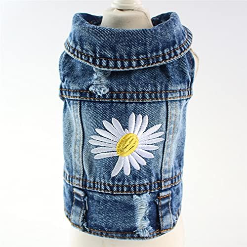 Dog Denim Jacket with Embroidered Daisy, Ripped Vintage Jean Vest for Small Dogs, Pugs, Chihuahuas, Spring Summer Fall Festival Outfit, X-Large (Fits Chest 17-18")