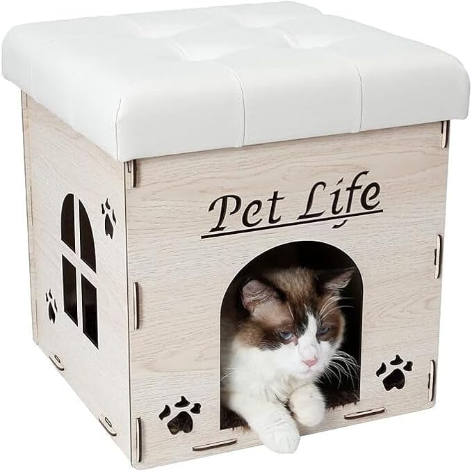HomeStock Designer Cat House Furniture Bench - Foldable Cat Bed, White Leather Pet Lounge, Stylish & Comfortable