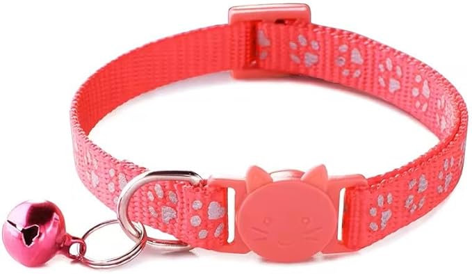 Cat Collar Breakaway Safety with Bell, Cute Reflective Paw Print Pattern (Watermelon Red)