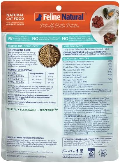 Feline Natural High Protein Dry Cat Food, Freeze-Dried Diet with 98% Meat, Organs & Seafood, No Peas, Grains, or Artificial Additives, Made in New Zealand Beef & Hoki, 3.5oz
