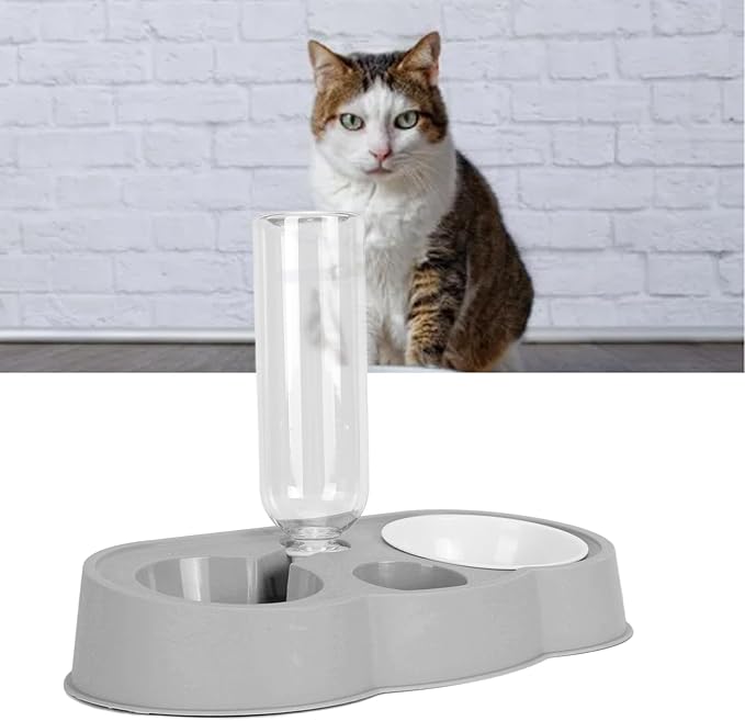 Double Pet Bowl Set, Non - Slip Stable 2-in-1 Food & Water Bowl with Automatic Water Dispenser Bottle, Feeding Station for Cats, Small Dogs and Mini Pets (Gray)