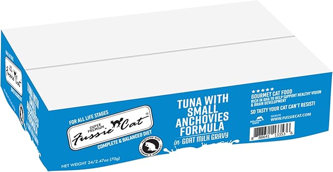 Fussie Cat Super Premium Canned Wet Cat Food in Goat Milk Gravy -2.47 oz Cans - Case of 24 (Tuna & Small Anchovies)