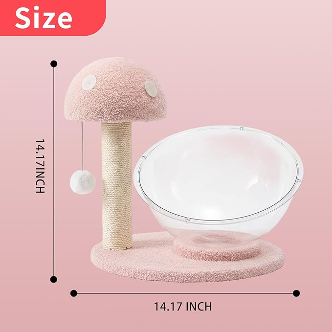 Mushroom Cat Tree for Kittens and Small Cats, 14.17" Cat Scratching Post with Clear Bowl Bed, Pink Sisal Scratcher with Pom Pom Toy, Stable Plush Base, Easy Assembly for Indoor Cats