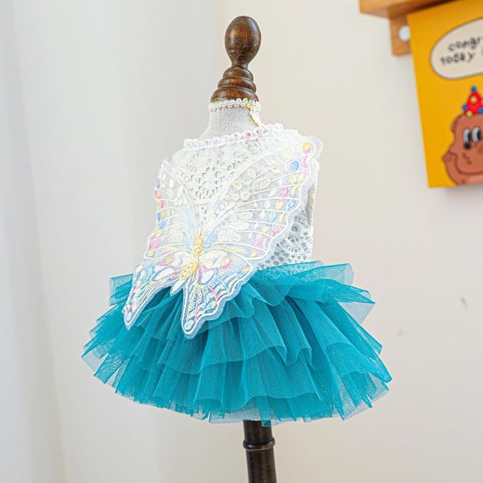Fairy Dog Dress for Small Dogs & Cats, Lake Blue Princess Outfit with Embroidered Butterfly Wings, Lace Top & Soft Tulle Skirt, Snap Closure (L)