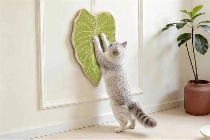 Botanical Leaf Cat Scratching Mat – Leaf-Shaped Natural Sisal Pad for Wall & Floor, Hanging Cat Scratcher with Catnip Pompom, Unique Indoor Jungle Decor & Furniture Protector (21.7 x 13 x 0.2 inches)