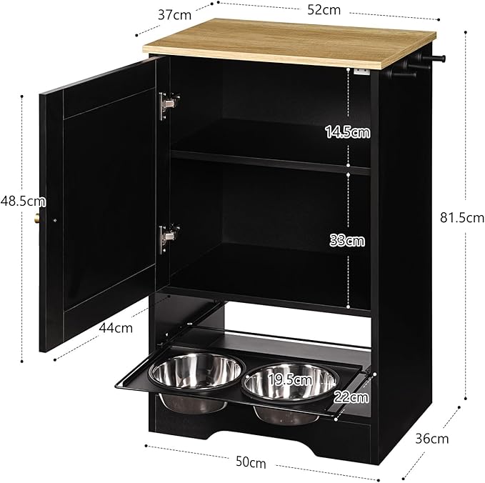 Feeding Station with 1 Storage Cabinets, Pet Feeding Station with 2 Elevated Dog Bowls, Side Hooks, tip-Resistant Kit, Hidden Pet Feeder Station for Feeding & Watering, Black