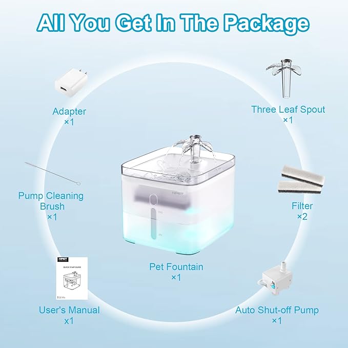 NPET Cat Water Fountain, 3L Automatic Pet Drinking Fountain Dog Water Dispenser with Quadruple-Action Filter (Semi-White, with an Adapter)