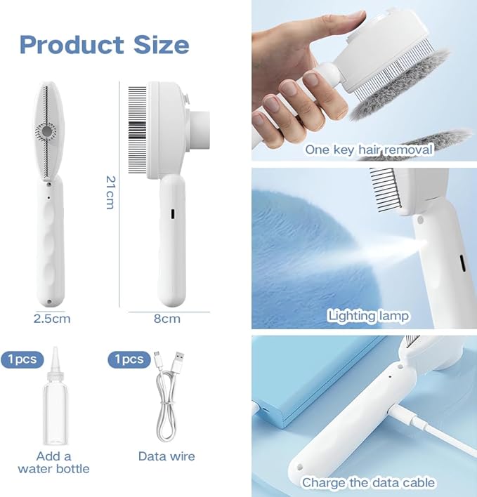 Cat Steam Brush with Refillable Liquid Tank, Electric Spray Pet Grooming Comb, Rechargeable Hair Remover for Tangled Hair, Gentle Massage & Self-Cleaning, Ideal for All Coat Types