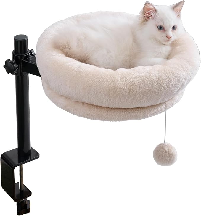 BYBYME Cat Desk Bed for Indoor Cats, Kitty Bed for Desk Supports 44 lbs, 360° Rotation & Adjustable, Soft Cat Nest Desktop with Hanging Ball for Office Desks Home Tables, 12" in Diameter(White)