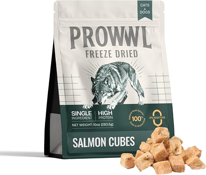 Freeze Dried Salmon Cubes Cat & Dog Treats for Training, Healthy High Protein Limited Single Ingredient Pet Food Snacks for Small, Medium, and Large Dogs Cats (Raw Salmon Cubes, 10oz)